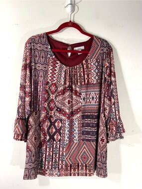C & J Banks Patchwork Geometric Belle Sleeve Mesh tunic Sz 2X